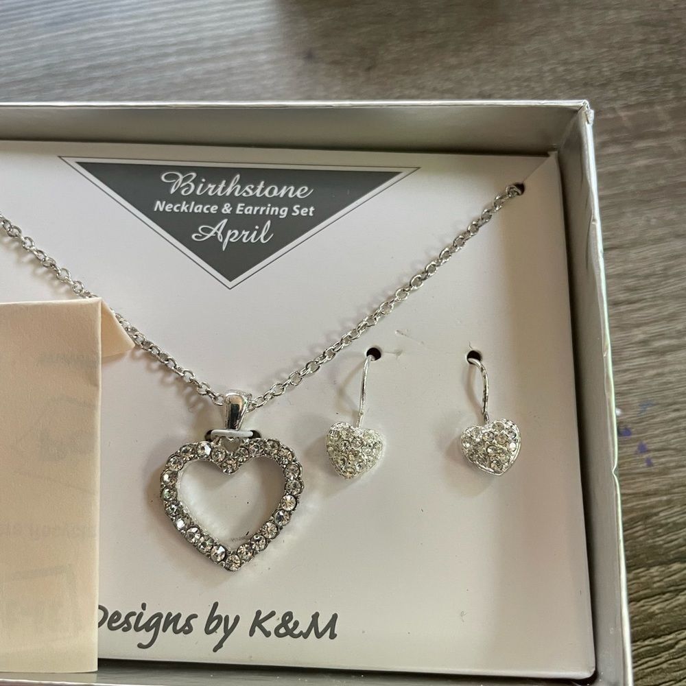 K&M April birth stone heart earring’s and necklace set